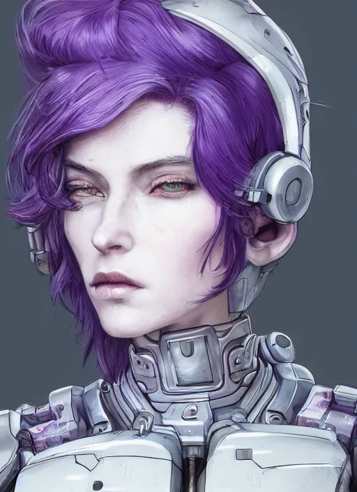 Image similar to close up portrait of a pale woman in sci - fi power armor with purple hair, powerful, domineering, stoic, masterful, intense, ultrafine hyperdetailed illustration by kim jung gi, irakli nadar, intricate linework, sharp focus, octopath traveler, yoji shinkawa, highly rendered, detailed, concept art