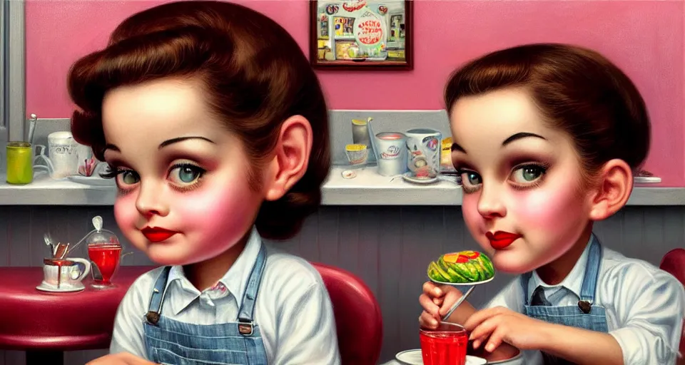 Image similar to closeup profile portrait of a 1 9 5 0 s diner, nicoletta ceccoli, mark ryden, lostfish, max fleischer, hyper realistic, artstation, illustration, digital paint, matte paint, vivid colors, bright, cheerful, detailed and intricate environment