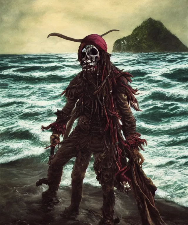 Prompt: ultra realistic color photo of an undead pirate with the ocean in the background on a tropical shore, dark, painted, brooding, atmospheric, seascape, lovecraft, horror, smooth, epic, highly detailed, cinematic, annie lebowitz