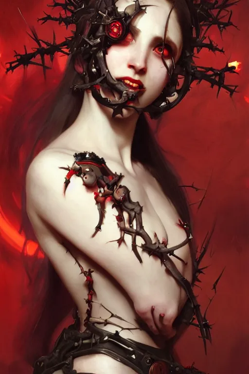 Image similar to Portrait of beautiful pale laughing succubus cyborg maiden with crown of thorns and glowing red eyes, steampunc, digital art from artstation by Ruan Jia and Mandy Jurgens and Artgerm and william-adolphe bouguereau