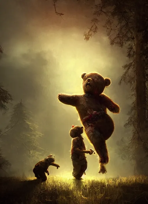 Prompt: a teddy bear fights off zombies to protect a crying child, portrait, dramatic lighting, cinematic, establishing shot, extremly high detail, photo realistic, foto realistic, cinematic lighting, post processed, concept art, artstation, matte painting, style by eddie mendoza, raphael lacoste, alex ross