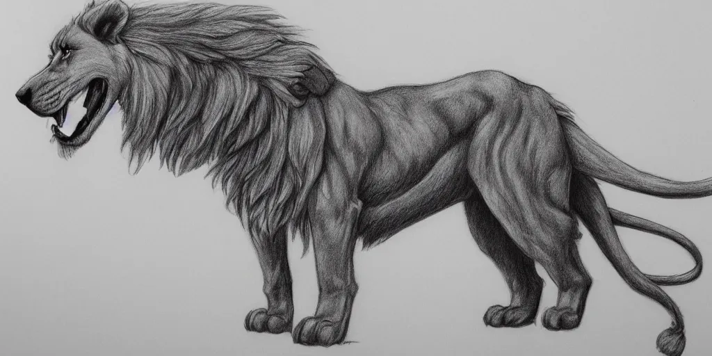 Image similar to full body shot of a large canine with the tail and ears of a lion, pencil drawing, illustration, black and white, artstation