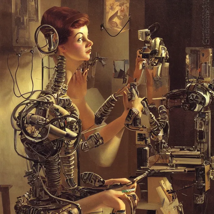 Image similar to robot artist painting a self - portrait on a canvas. intricate, highly detailed, digital matte painting, in the style of alexandros pyromallis, and in the style of hans thoma, and in the style of gil elvgren. irony, recursion, inspiration.