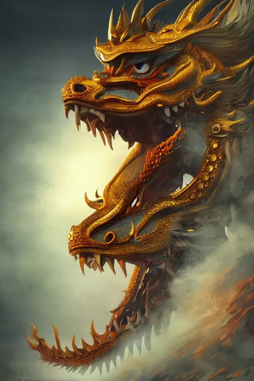 Image similar to chinese dragon god, close - up portrait, powerfull, intricate, elegant, volumetric lighting, scenery, digital painting, highly detailed, artstation, sharp focus, illustration, concept art, ruan jia, steve mccurry