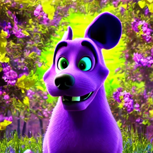 Image similar to a beautiful 3d render of a purple dog in a disney movie, in the style of disney, pixar, mixed media collage, highly detailed, 8k resolution