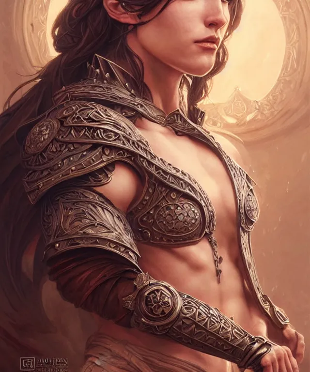 Image similar to Muscular and powerful medieval knight portrait, art nouveau, fantasy, intricate flower designs, elegant, highly detailed, sharp focus, art by Artgerm and Greg Rutkowski