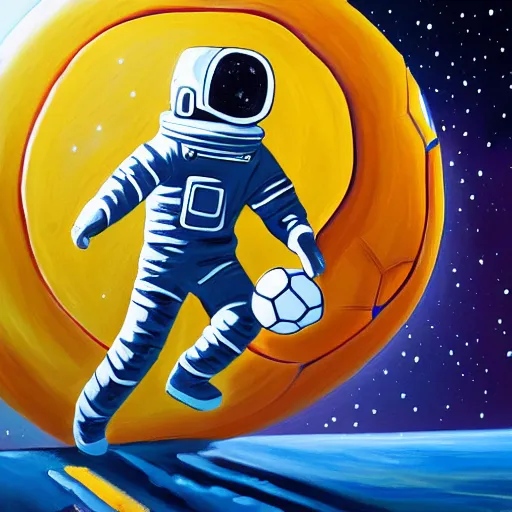 Prompt: a painting of an astronaut playing soccer in a cosmic scenic environment, soccer ball, beautiful, hyperdetailed, action shot, light framing subject, trending on Artstation