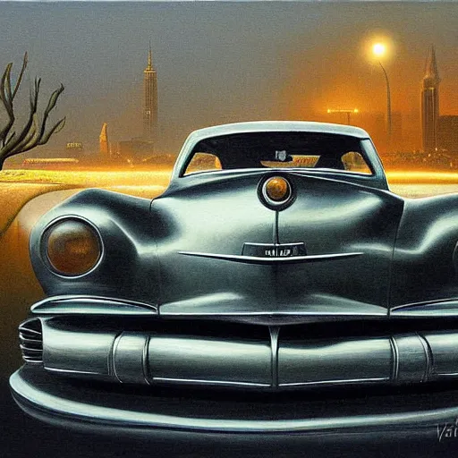 Prompt: Surreal painting named Old automobile at night city by Vladimir Kush