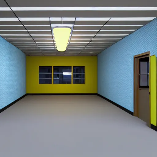 Image similar to 3 d render of jerma 9 8 5, jerma in a liminal space, non - euclidean space, endless halls of an office space, worn mono - yellow 7 0 s wallpaper, old moist carpet, inconsistently - placed fluorescent lighting, high octane, blender, 3 d render