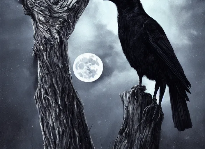 Prompt: a hyper-detailed fantasy wallpaper book cover, portrait of a crow on a tree in front of the full big moon; an extraordinary masterpiece!!!; flawless; proud posture; photorealistic eyes; trending on artstation; f/1.4; 90mm