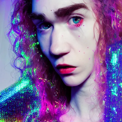 Prompt: a cinematic render with a highly detailed portrait of Grimes in a large room with holographic letters and numbers