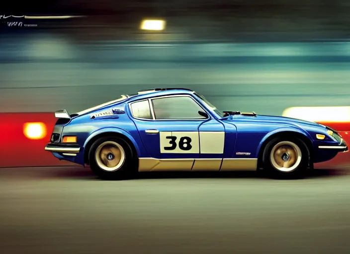 Image similar to Datsun 240z Nissan S30 Fairlady Z racing down high way night time japan film photo motion blur front side view ((((Wadim Kashin Wenjun Lin))))