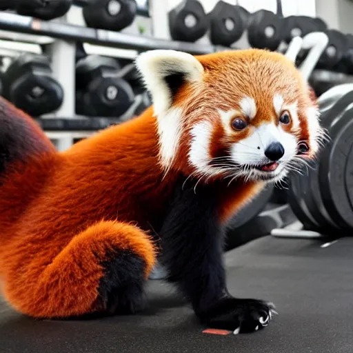 Image similar to a red panda at the gym lifting weights, gigachad red panda, ripped red panda, working out