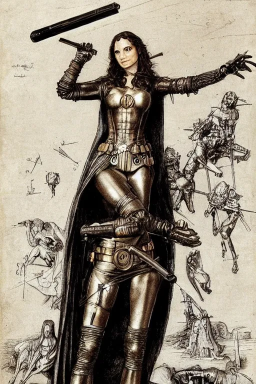 Prompt: highly detailed steampunk gal gadot standing, light saber, hieronymus bosch, leonardo da vinci, albrecht durer