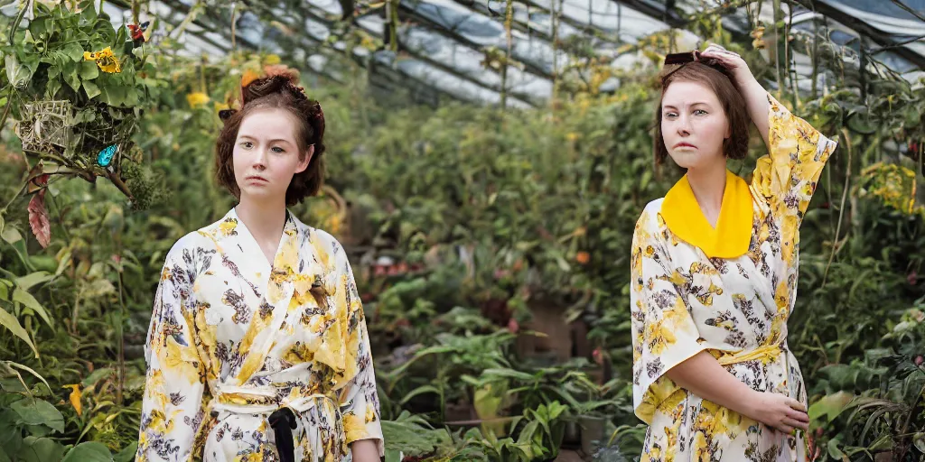 Image similar to A medium format head and shoulders portrait of a young woman wearing a yellow kimono in a greenhouse, she has a very detailed barn owl on her shoulder, graflex, bokeh