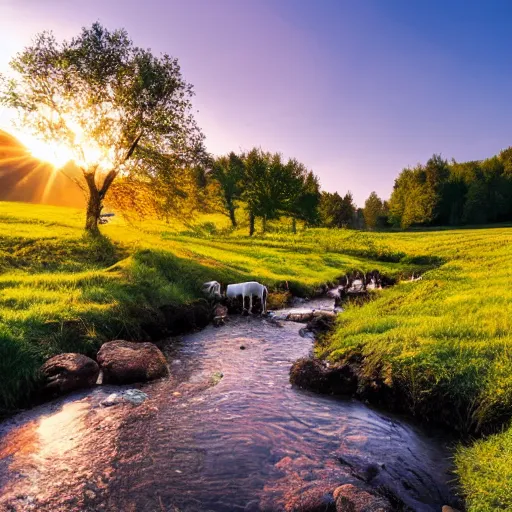 Image similar to landscape photography, warm sun, cozy stream, cows on the meadow, 4k