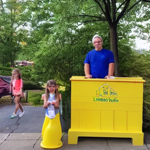 Image similar to a yellow human sized duck standing next to a children's lemonade stand