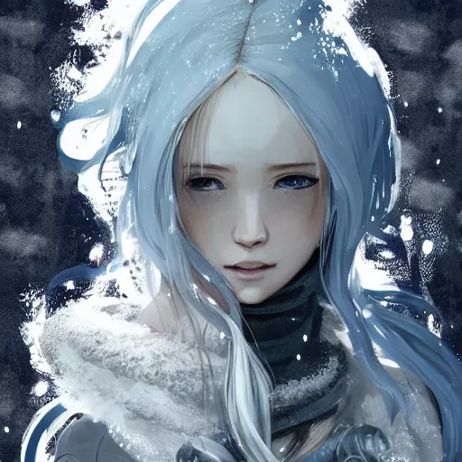 Prompt: highly detailed portrait of a pretty frostpunk mage lady with wavy blonde hair, by Dustin Nguyen, Akihiko Yoshida, Greg Tocchini, Greg Rutkowski, Cliff Chiang, 4k resolution, nier:automata inspired, bravely default inspired, vibrant but dreary blue, brown, black and white color scheme!!! ((Ice and snow covered background))