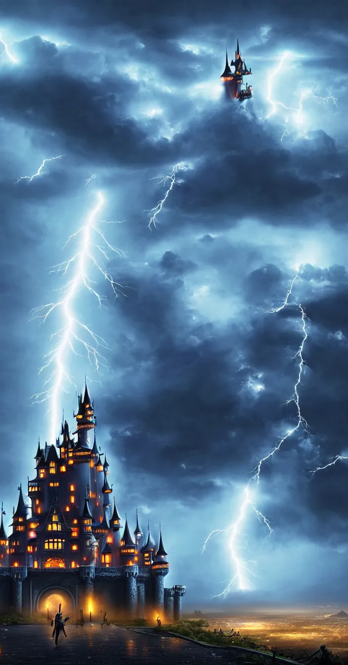 Prompt: realistic photo of lightening strike on futuristic big castle, dark night background, 7 0 % frame covered by castle, sharp focus, wide angle shot, in the style of greg rutswoski, very hyper realistic, highly detailed, fantasy art station