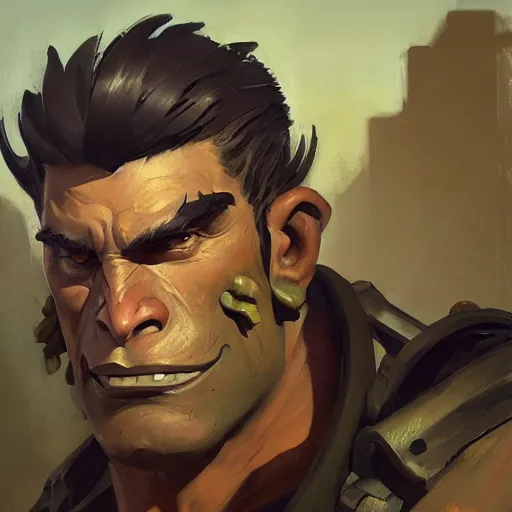 Image similar to greg manchess close - up portrait painting of a ruggedly handsome young dieselpunk orc with olive green skin as an overwatch character, medium shot, asymmetrical, profile picture, organic painting, sunny day, matte painting, bold shapes, hard edges, street art, trending on artstation, by huang guangjian and gil elvgren and sachin teng