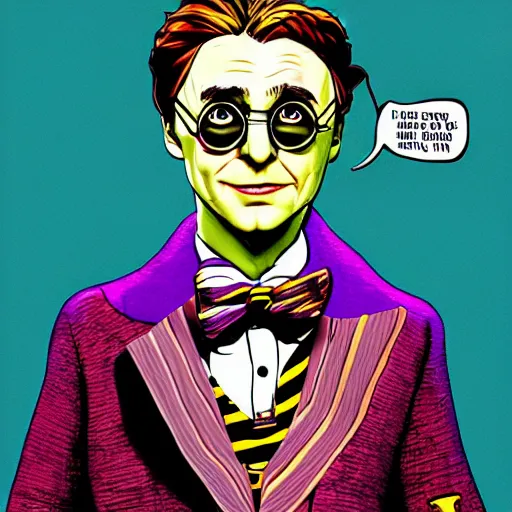 Image similar to graphic illustration, creative design, harry potter as willy wonka, biopunk, francis bacon, highly detailed, hunter s thompson, concept art