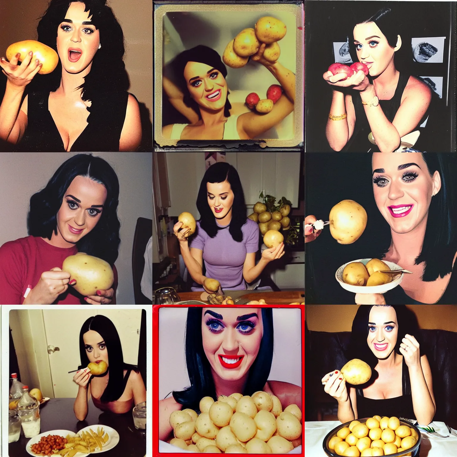 Prompt: katy perry eating raw potatoes, polaroid photo