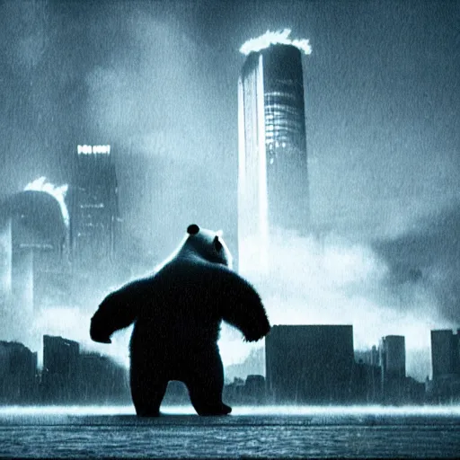 Image similar to giant panda destroying tokyo in the style of the movie godzilla, cinematic lighting, cinematic framing and shadows 1 9 7 0 s aesthetic