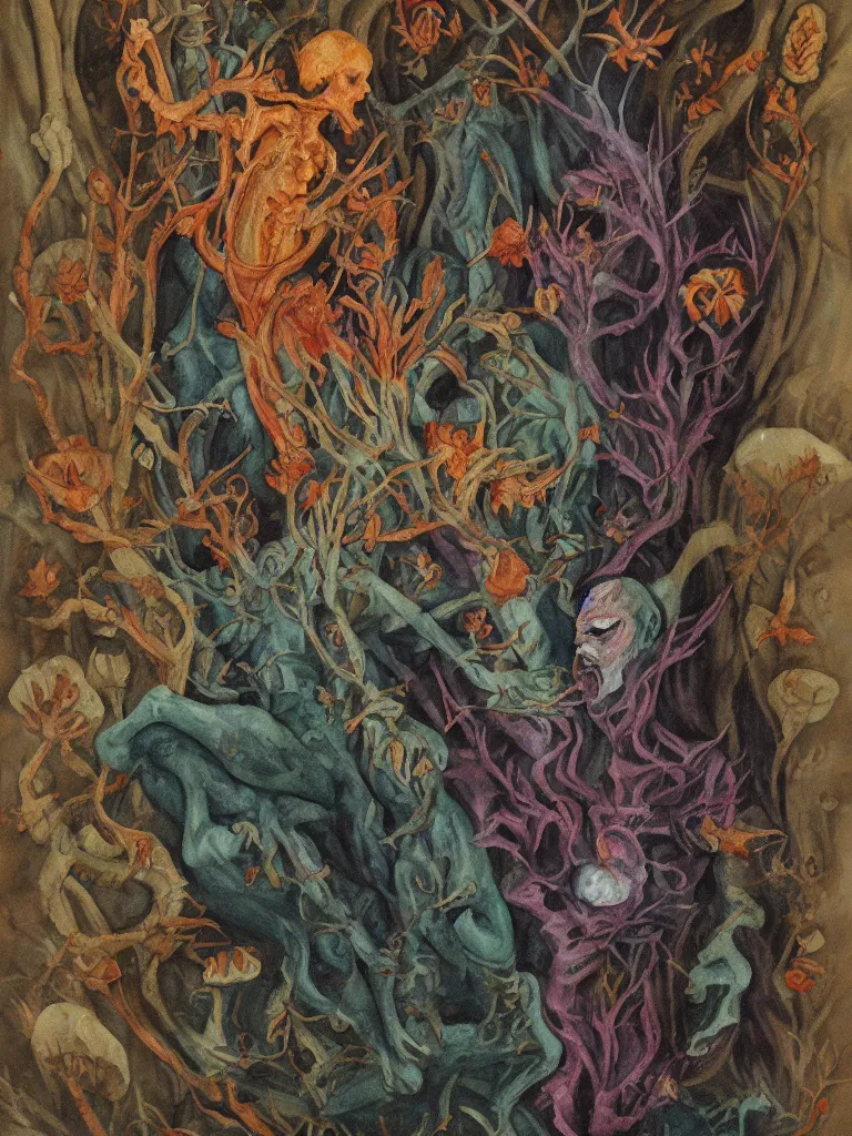 Prompt: Faerie prince of fungi and decay. Chiaroscuro gouache painting.