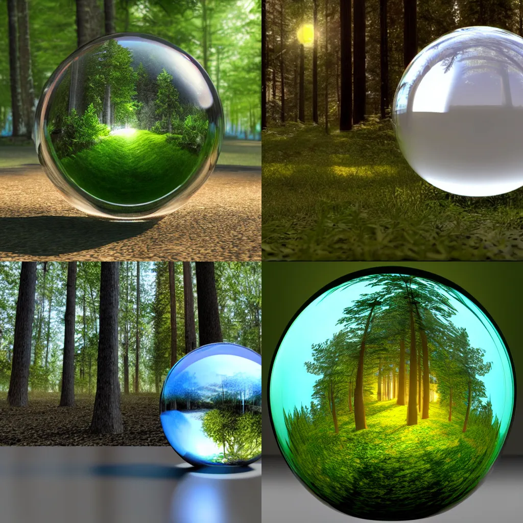 Prompt: A glass ball in a forest with path-traced refraction, path tracing, ray tracing, 3d render