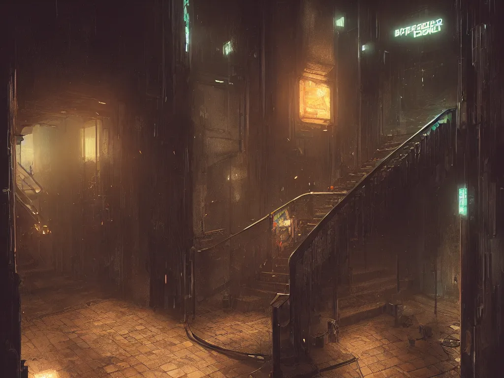 Image similar to a gloomy long staircase at the end in the depth is a door with illuminated sign, digital painting, concept art, smooth, sharp focus, hyperrealistic, illustration, artstation trending, octane render, unreal engine, ambient light, dynamic lighting, magical, dark vibes, Cyberpunk 2077