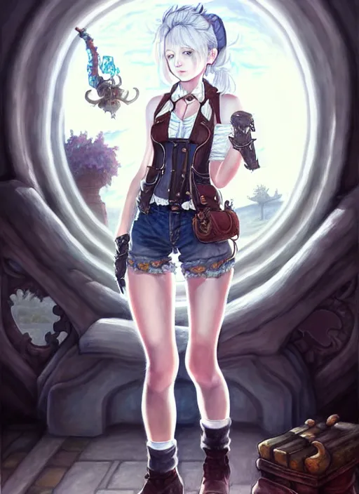 Image similar to a portrait of catgirl wearing white vest, and denim shorts an ultrafine detailed painting, detailed painting, boris valejo. octopath traveler