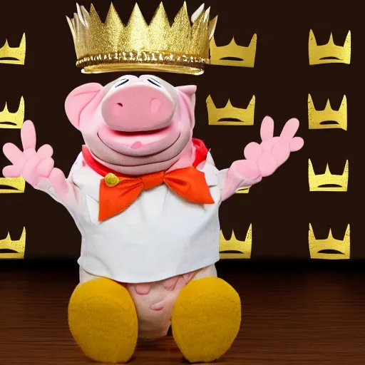 Prompt: news anchor pig wearing a gold crown depicted as a muppet 8k