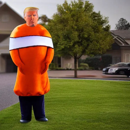 Image similar to donald trump wearing a halloween costume, hyper realistic, wide shot, photography, award winning, 8 k,