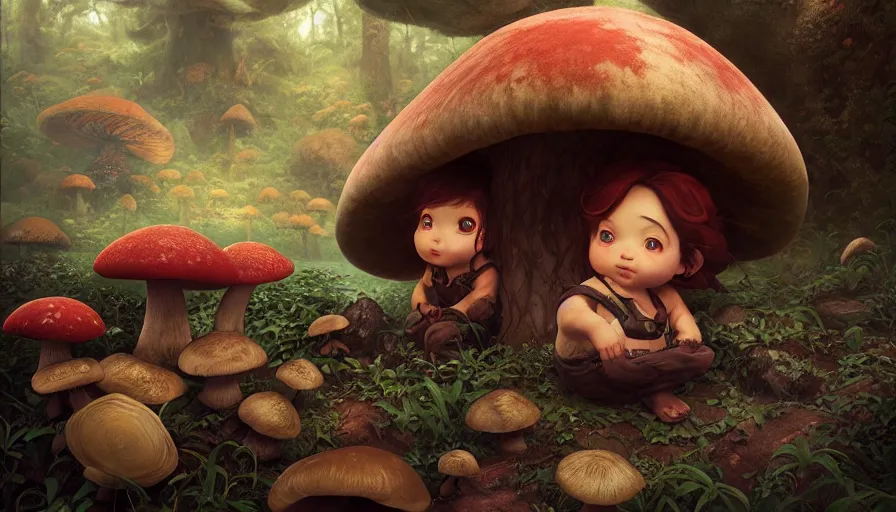 Image similar to dwarf resting under mushroom, by ilya kuvshinov, rtx rendering, octane render 1 2 8 k, maya, extreme high intricate details by tom bagshaw, medium shot, close up shot, composition by sana takeda, lighting by greg rutkowski