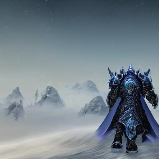 Image similar to world of warcraft arthas viewed from the back standing in front of a vast icy land and dark icy mounatins in the background, extreely detailed, wow, cinematic, unreal engine 5, artistic, movie poster, world of warcraft cinematics style, only dark contrasting colours, colours ranging of blue white and black