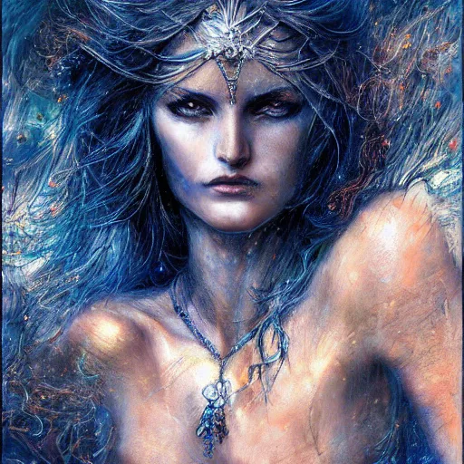 Prompt: masterpiece goddess of sorrow, realistic portrait, 3 0 years woman, melancholic face, long hair, digital painting by louis royo and julie bell, dark tenebrous blue background, cinematic light, aura effect, some chaotic sparkles, wind, unreal engine, artstation, deviantart, pinterest