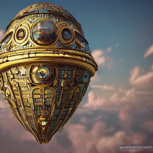 Prompt: enormous flying city in a faberge egg, sky, steampunk, fantasy art, masterpiece, unreal engine, intricate, intricate, intricate, detailed