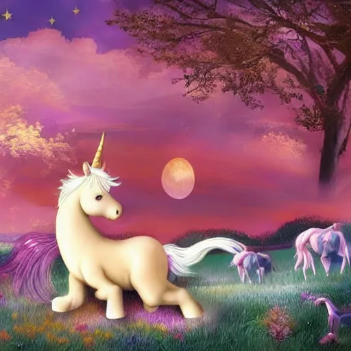 Image similar to dream : a fabulous landscape, a magical unicorn. a boy is sitting astride him. a cat is lying