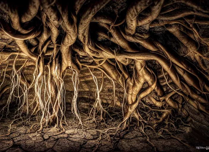Image similar to photo of roots growing down from a ceiling in an underground cavern wrapped around an elven woman. Fantasy magic horror style. Highly detailed 8k. Intricate. Nikon d850 55mm. Award winning photography.