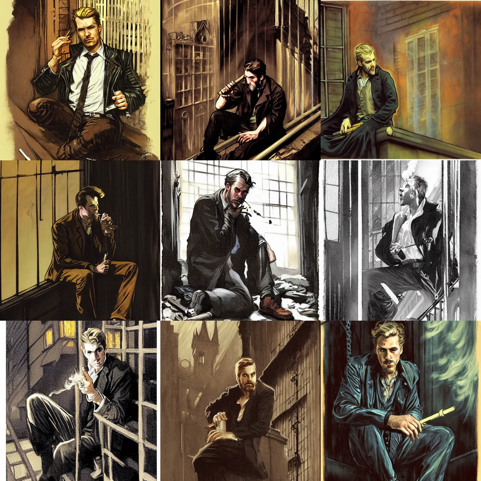 Prompt: character portrait of a rugged john constantine sitting down on a fire escape smoking a cigarette in gothic london, gothic, john singer sargent, muted colors, moody colors, illustration, digital illustration, amazing values, art by j. c. leyendecker, joseph christian leyendecker, william - adolphe bouguerea, graphic style, dramatic lighting, gothic lighting