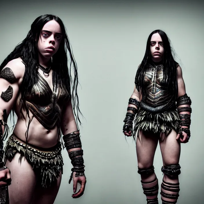 Prompt: full length photo of billie eilish as an muscular amazon warrior, highly detailed, 4 k, hdr, smooth, sharp focus, high resolution, award - winning photo