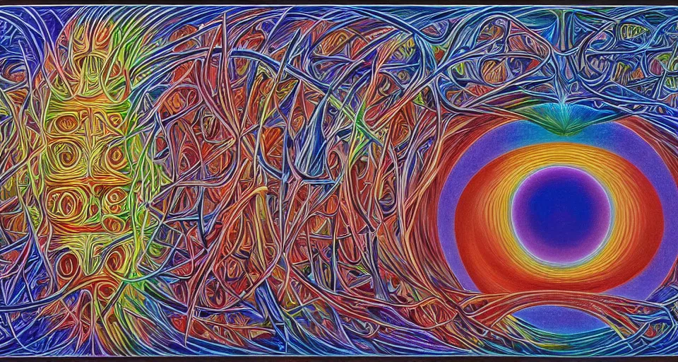 Image similar to the two complementary forces that make up all aspects and phenomena of life, by Alex Grey ,