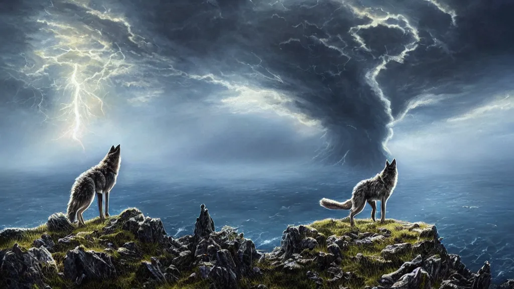 Prompt: A wolf standing on the edge of a grassy cliffside looking out towards an underwater nuclear explosion, birds flying away from explosion, mind-bending geometry, explosive shockwaves rippling across sapphire waters below, omen of death and destruction, extreme realism, intricate details, 4k, trending on Artstation, award-winning, dramatic painting, art by Greg Rutkowski