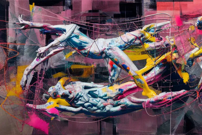 Prompt: bodies entwined in a fight inside a vibrant, brutalist space ship, extremely intricate and detailed, by painted by!!! francis bacon!!!, adrian ghenie, and james jean. 8 k masterpiece