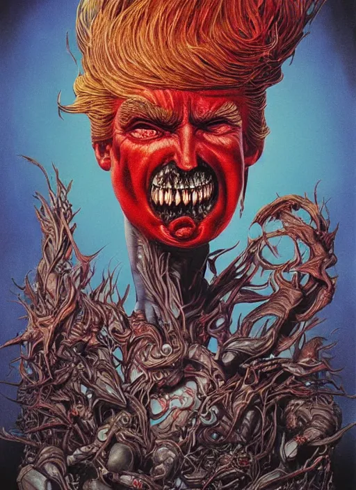 Prompt: donald trump's disgusting true form revealed, horror, high details, intricate details, by vincent di fate, artgerm julie bell beeple, 1980s, inking, vintage 80s print, screen print