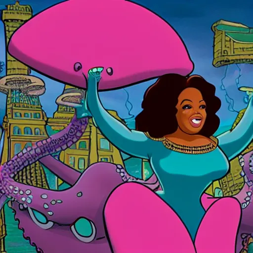 Image similar to oprah winfrey as a giant octopus villain, disney cartoon