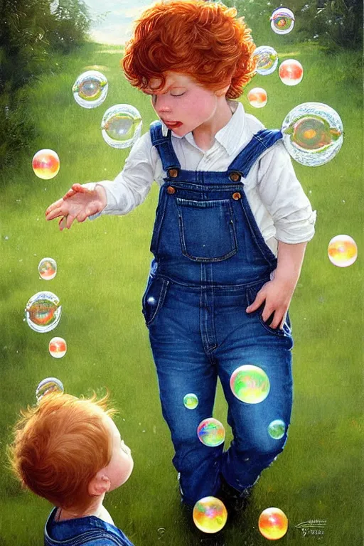 Prompt: a little boy with ginger hair wearing denim overalls chasing bubbles. clean elegant painting, beautiful detailed face, lots of bubbles. by artgerm and greg rutkowski and norman rockwell