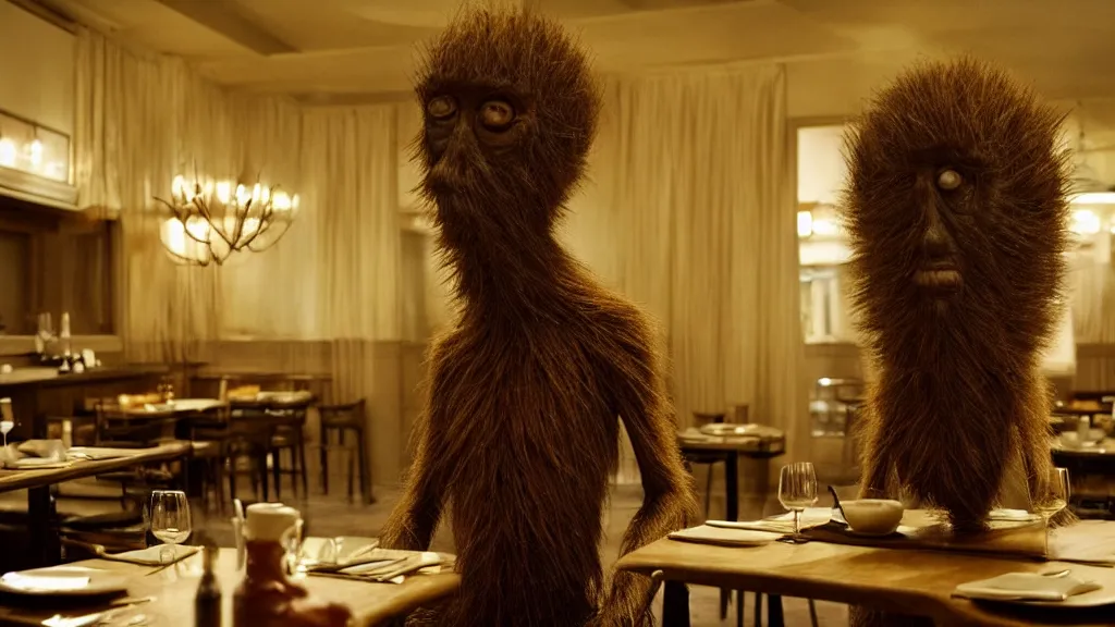 Image similar to the tall strange creature in the restaurant, film still from the movie directed by Denis Villeneuve with art direction by Salvador Dalí, wide lens