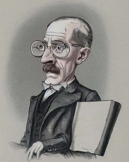 Prompt: Victorian caricature drawing of professor of chemistry Walter White, art by Sir Leslie Matthew Ward