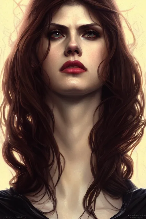 Image similar to alexandra daddario as black widow, realistic portrait, symmetrical, highly detailed, digital painting, artstation, concept art, smooth, sharp focus, illustration, cinematic lighting, art by artgerm and greg rutkowski and alphonse mucha